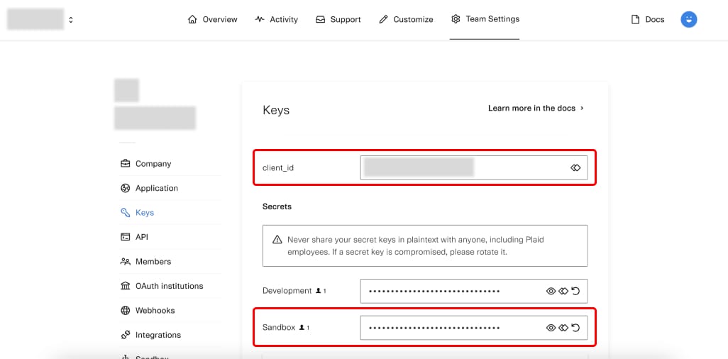 Add your Plaid Client ID and Secret Key in the appropriate fields.